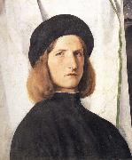 Lorenzo Lotto Portrait of a young man against a white curtain France oil painting artist